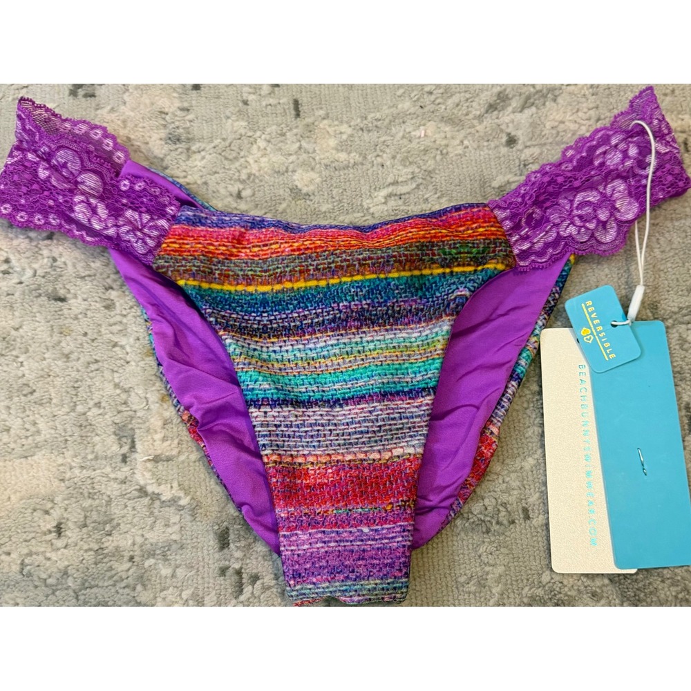 Beach Bunny Reversible Lace Scrunch Bikini Bottom Purple Multi Space Dye XL NWT